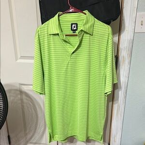 Men’s FJ Polo style shirt. Size M.  Lime green with black pinstripes. Side slit.